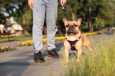 Photo of Man with his cute French bulldog in park, closeup