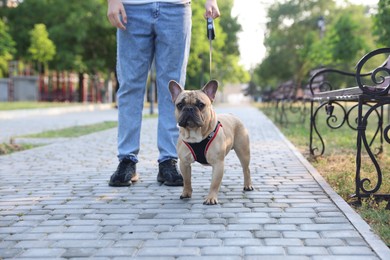 Photo of Man with his cute French bulldog in park, closeup