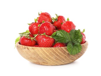 Photo of Fresh ripe strawberries with green leaves in bowl isolated on white