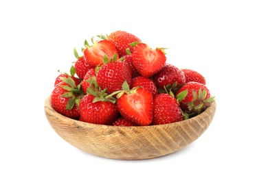 Photo of Whole and cut fresh ripe strawberries in bowl isolated on white