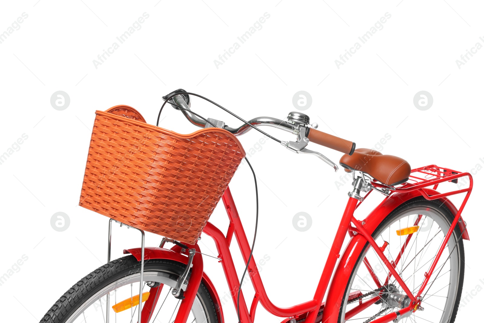 One bicycle with basket on white background Photo of One bicycle with basket on white background