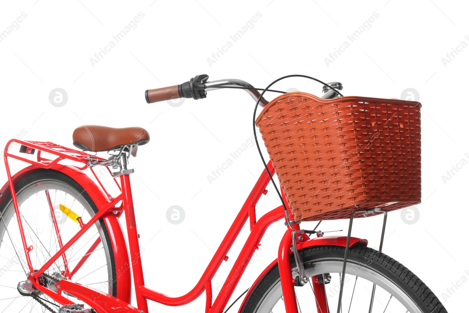 One bicycle with basket on white background Photo of One bicycle with basket on white background