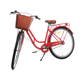 Photo of One bicycle with basket on white background