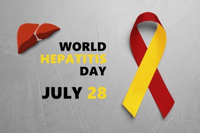 Image of 28th july World Hepatitis Day. Yellow-red awareness ribbon and illustration of liver on grey textured background, top view