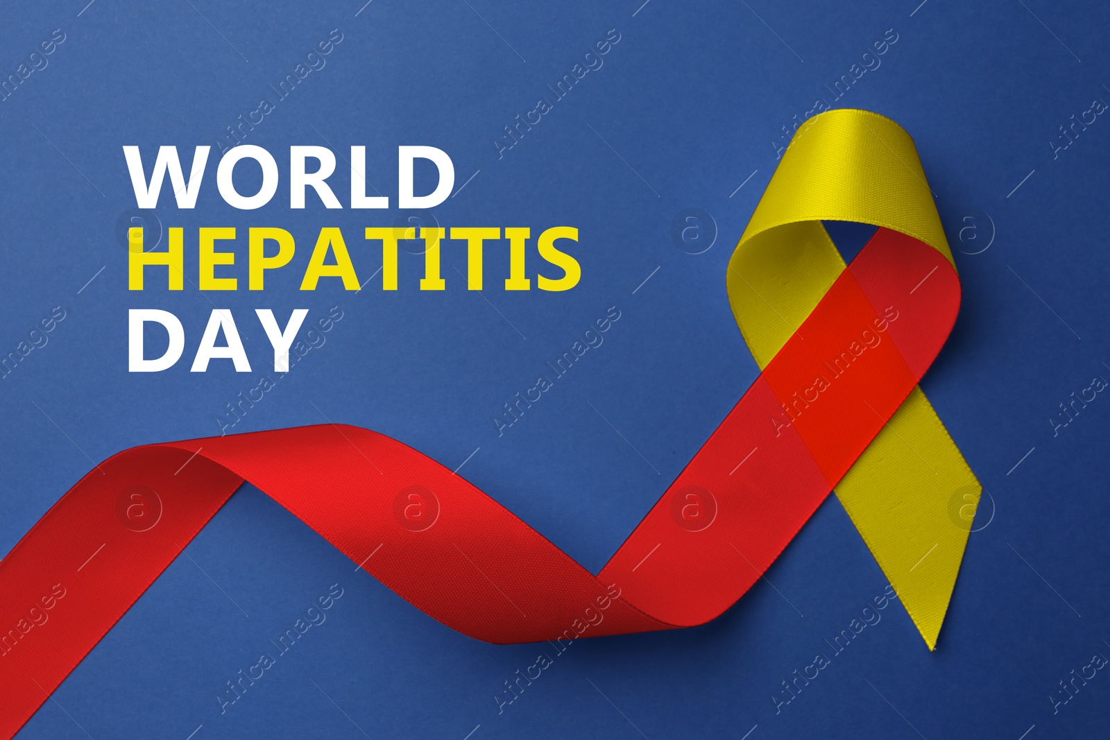 28th july World Hepatitis Day. Yellow-red awareness ribbon on blue background, top view Image of 28th july World Hepatitis Day. Yellow-red awareness ribbon on blue background, top view