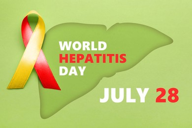 Image of 28th july World Hepatitis Day. Yellow-red awareness ribbon and illustration of liver on light green background, top view