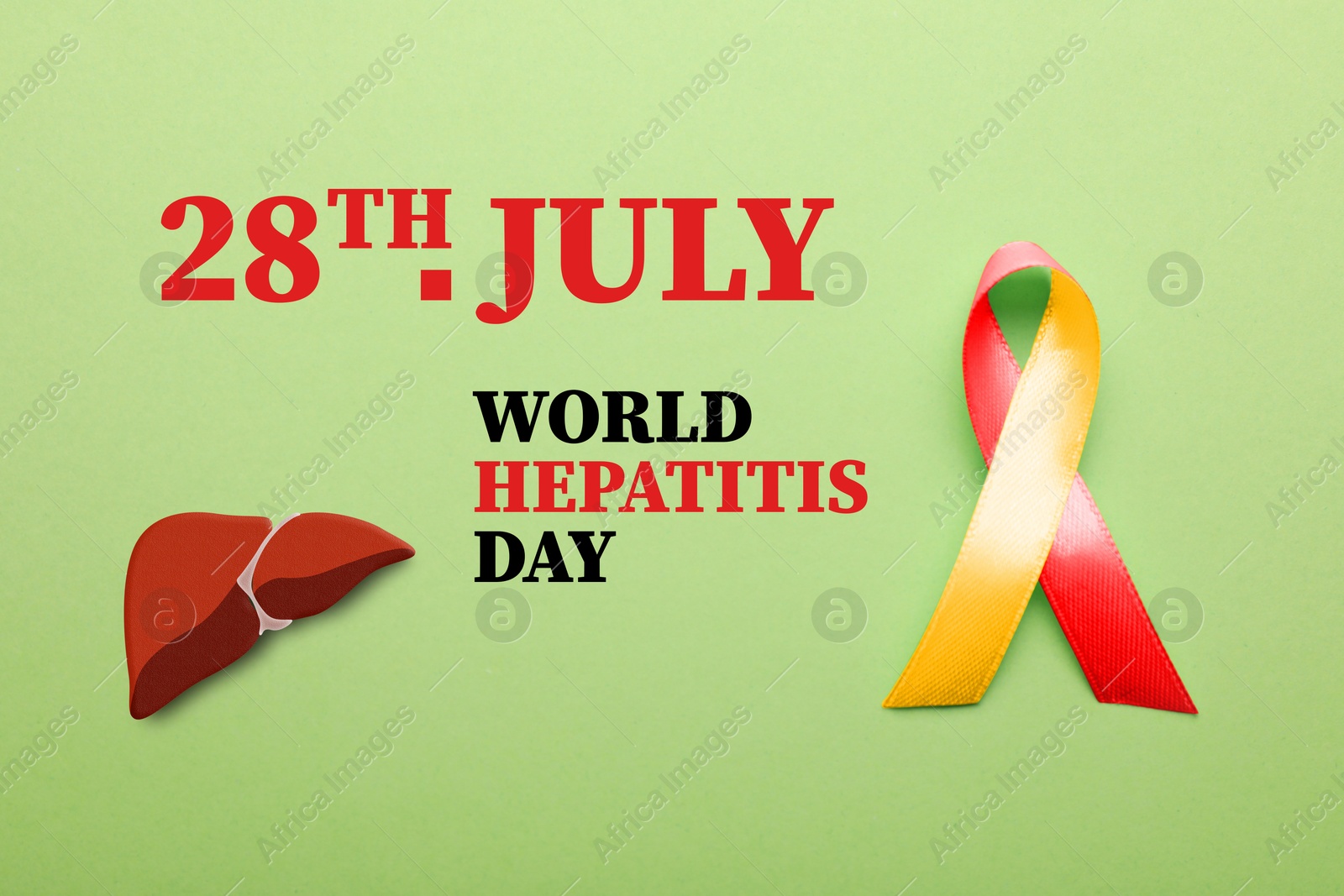 Image of 28th july World Hepatitis Day. Yellow-red awareness ribbon and illustration of liver on light green background, top view