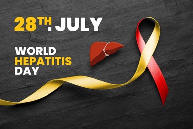 Image of 28th july World Hepatitis Day. Yellow-red awareness ribbon and illustration of liver on black textured background, top view