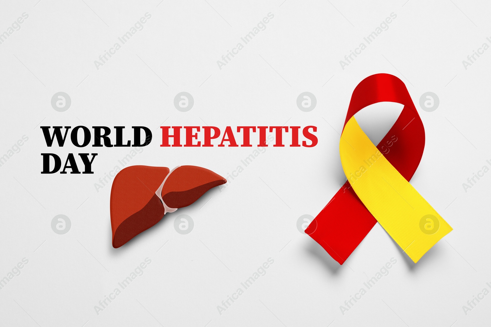 Image of 28th july World Hepatitis Day. Yellow-red awareness ribbon and illustration of liver on white background, top view