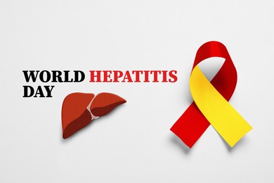 Image of 28th july World Hepatitis Day. Yellow-red awareness ribbon and illustration of liver on white background, top view