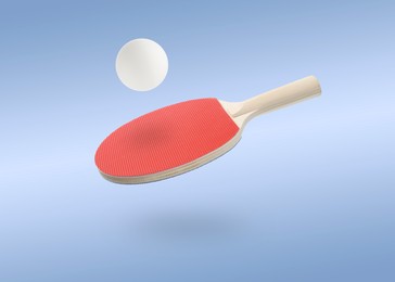 Image of Ping pong racket and ball in air against light blue background