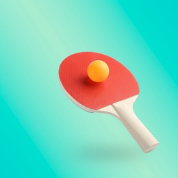 Image of Ping pong racket and ball in air against turquoise gradient background