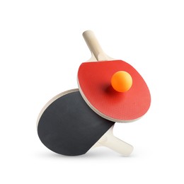 Image of Ping pong rackets and ball in air against white background
