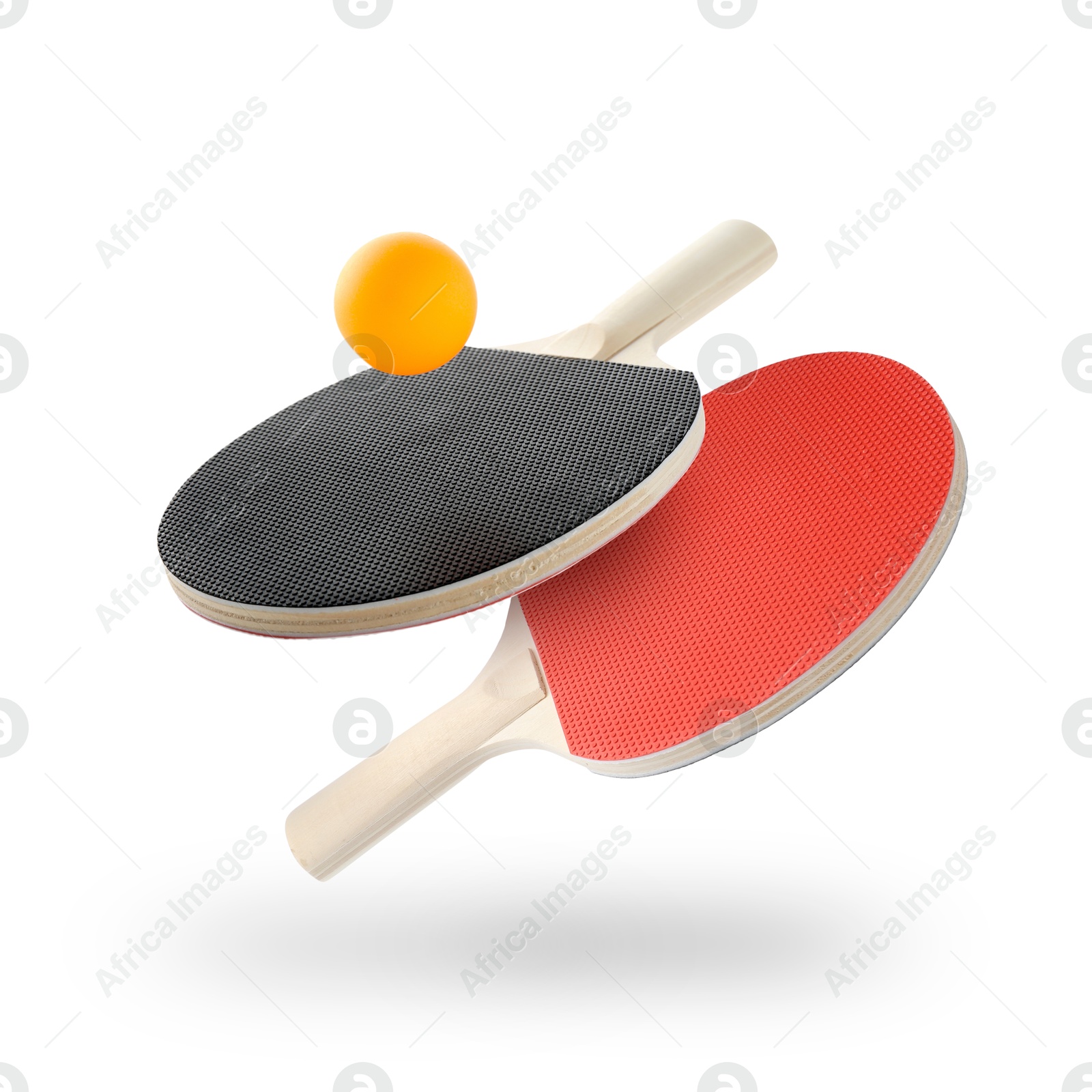 Ping pong rackets and ball in air against white background Image of Ping pong rackets and ball in air against white background