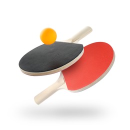 Image of Ping pong rackets and ball in air against white background