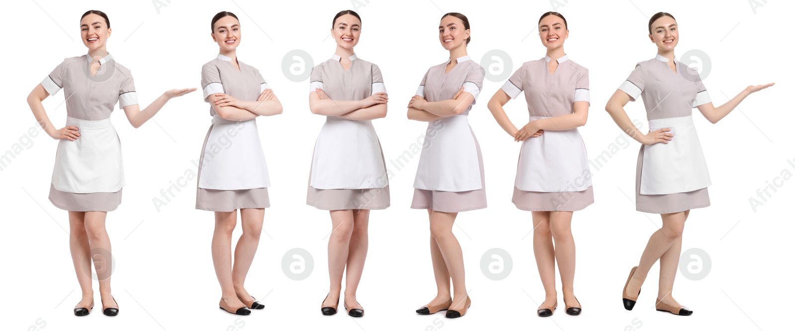 Happy young chambermaid on white background, collage Image of Happy young chambermaid on white background, collage