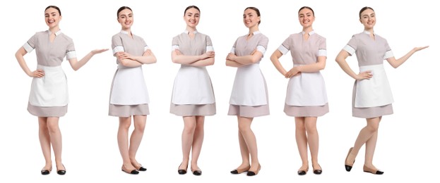 Image of Happy young chambermaid on white background, collage