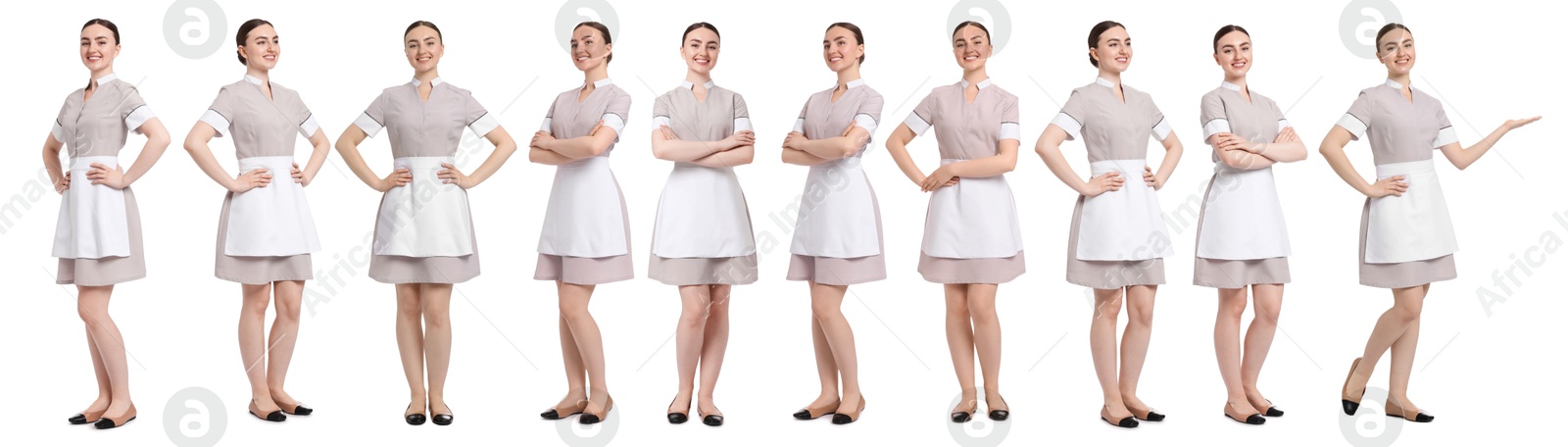Happy young chambermaid on white background, collage Image of Happy young chambermaid on white background, collage