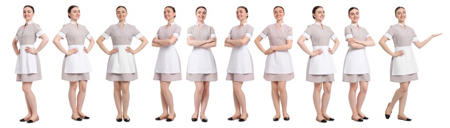 Image of Happy young chambermaid on white background, collage