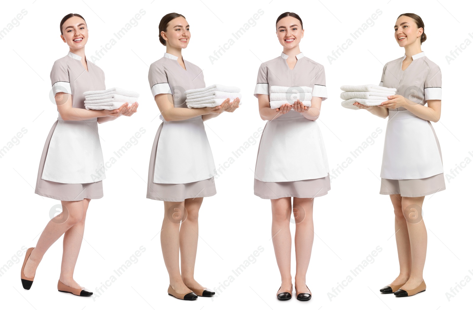 Happy young chambermaid with towels on white background, collage Image of Happy young chambermaid with towels on white background, collage