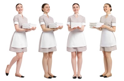 Image of Happy young chambermaid with towels on white background, collage