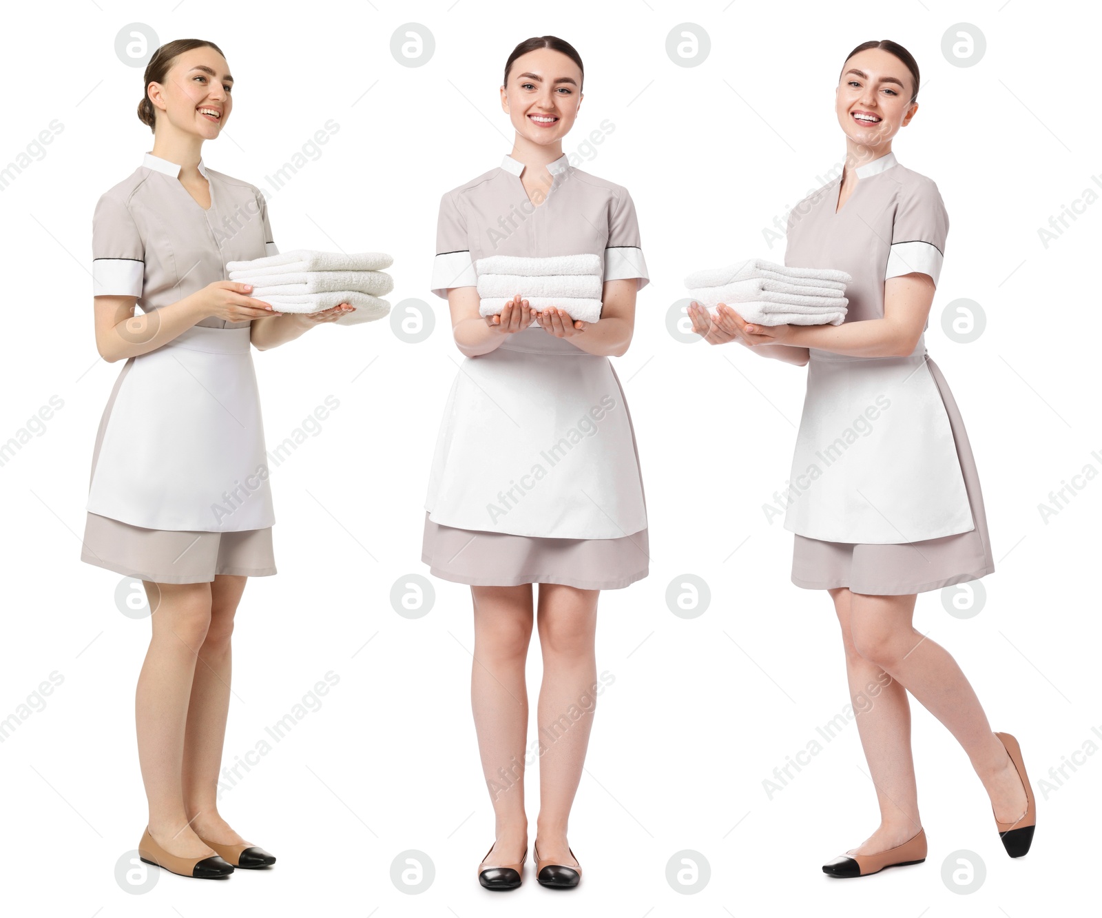 Happy young chambermaid with towels on white background, collage Image of Happy young chambermaid with towels on white background, collage