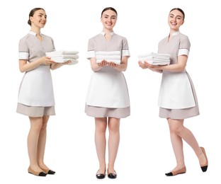 Image of Happy young chambermaid with towels on white background, collage