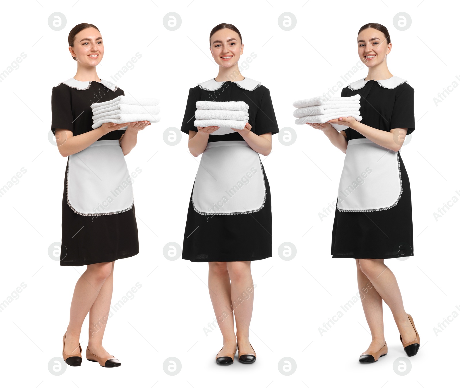 Happy young chambermaid with towels on white background, collage Image of Happy young chambermaid with towels on white background, collage