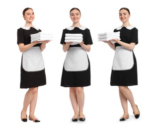 Image of Happy young chambermaid with towels on white background, collage