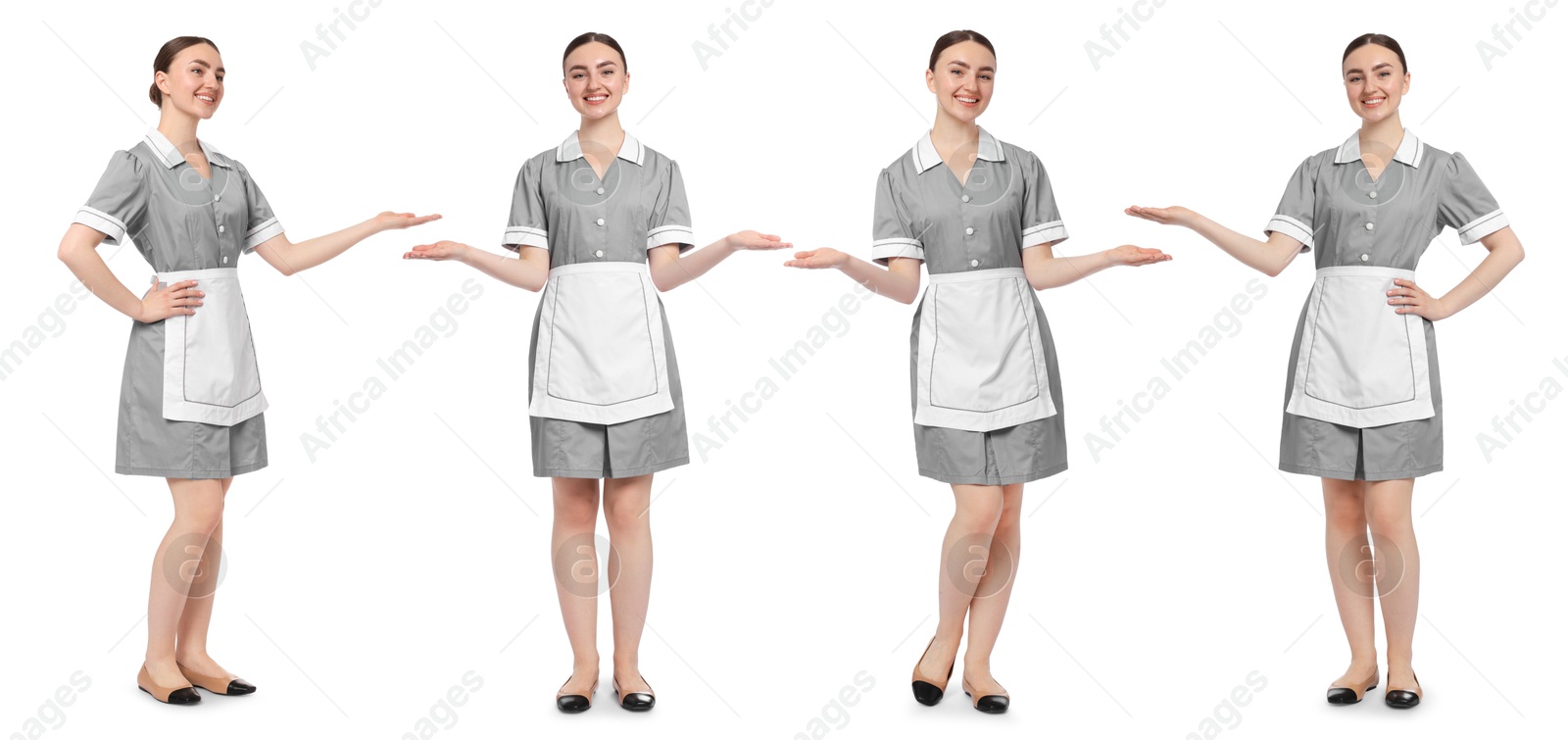 Happy young chambermaid on white background, collage Image of Happy young chambermaid on white background, collage