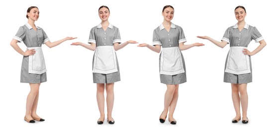 Image of Happy young chambermaid on white background, collage