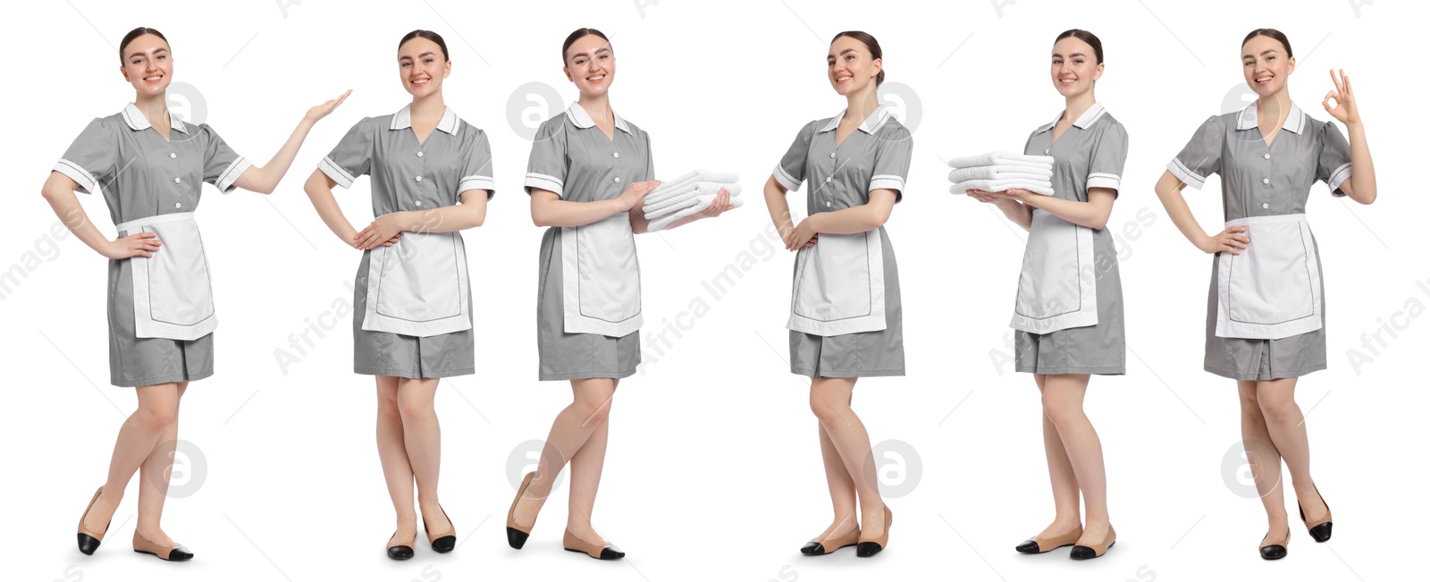 Happy young chambermaid on white background, collage Image of Happy young chambermaid on white background, collage