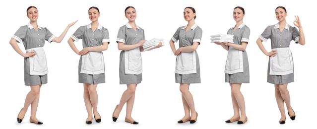 Image of Happy young chambermaid on white background, collage