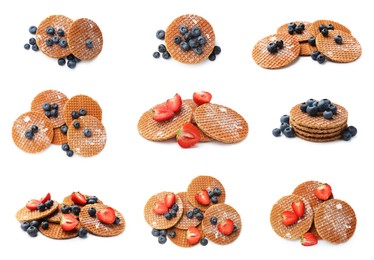 Image of Yummy Dutch waffles (stroopwafels) with fresh berries on white background, collage