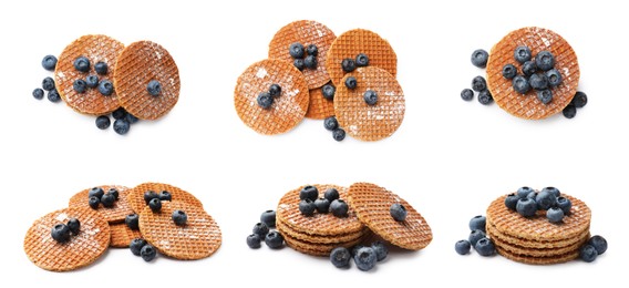 Image of Yummy Dutch waffles (stroopwafels) with fresh blueberries on white background, collage