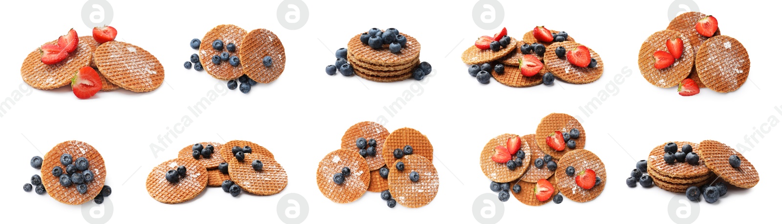 Yummy Dutch waffles (stroopwafels) with fresh berries on white background, collage Image of Yummy Dutch waffles (stroopwafels) with fresh berries on white background, collage
