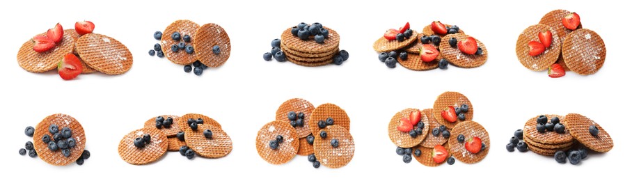 Image of Yummy Dutch waffles (stroopwafels) with fresh berries on white background, collage