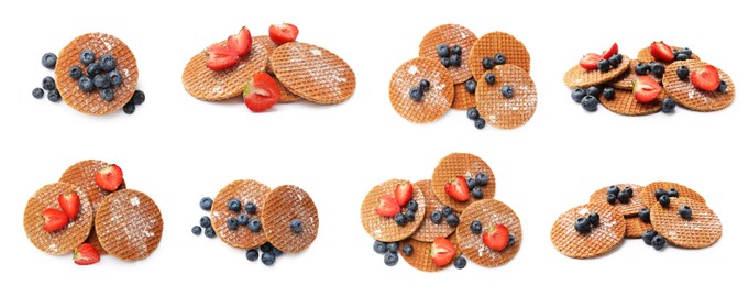 Image of Yummy Dutch waffles (stroopwafels) with fresh berries on white background, collage