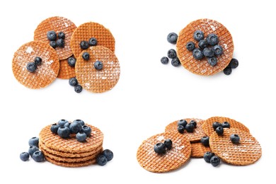 Image of Yummy Dutch waffles (stroopwafels) with fresh blueberries on white background, collage