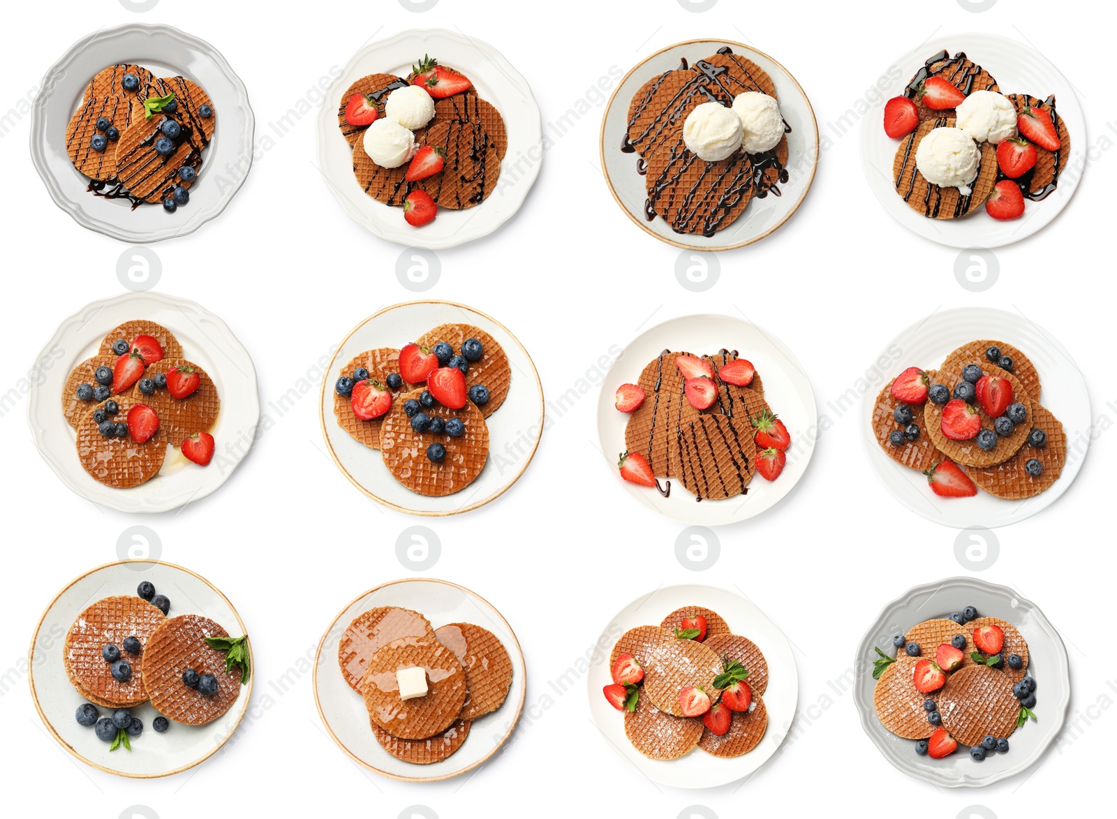 Yummy Dutch waffles (stroopwafels) on white background, collage. Top view Image of Yummy Dutch waffles (stroopwafels) on white background, collage. Top view