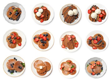 Image of Yummy Dutch waffles (stroopwafels) on white background, collage. Top view