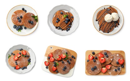 Image of Yummy Dutch waffles (stroopwafels) on white background, collage. Top view