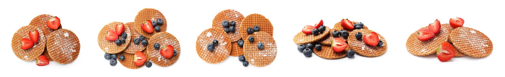 Image of Yummy Dutch waffles (stroopwafels) with fresh berries on white background, collage