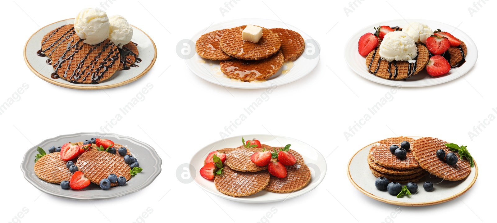 Yummy Dutch waffles (stroopwafels) on white background, collage Image of Yummy Dutch waffles (stroopwafels) on white background, collage