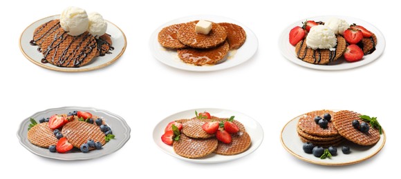 Image of Yummy Dutch waffles (stroopwafels) on white background, collage
