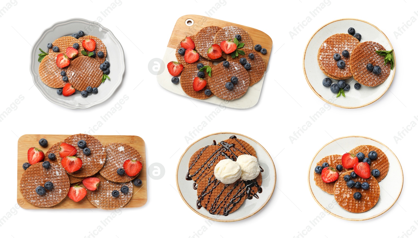 Yummy Dutch waffles (stroopwafels) on white background, collage. Top view Image of Yummy Dutch waffles (stroopwafels) on white background, collage. Top view