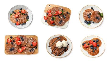 Image of Yummy Dutch waffles (stroopwafels) on white background, collage. Top view