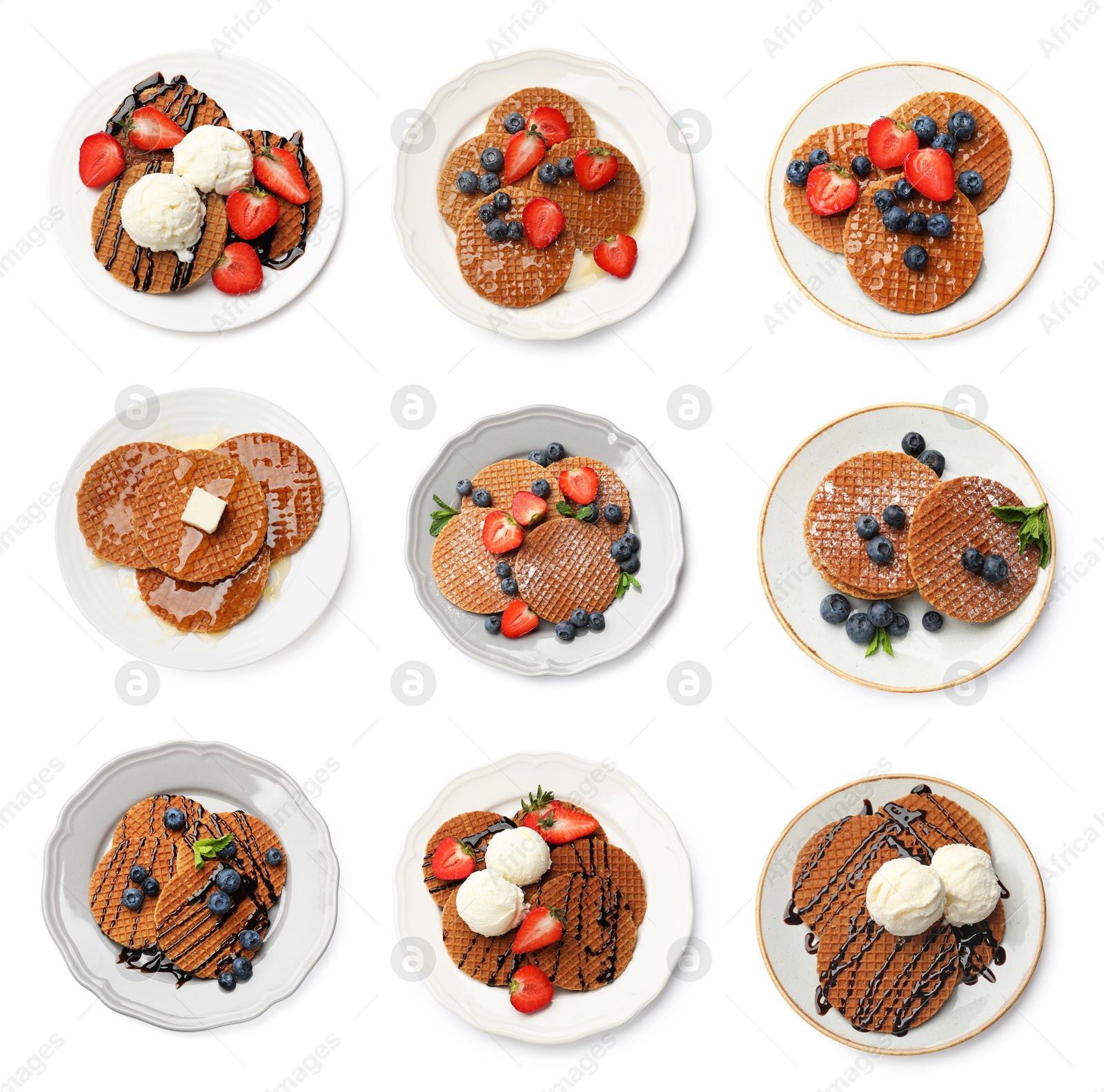 Yummy Dutch waffles (stroopwafels) on white background, collage. Top view Image of Yummy Dutch waffles (stroopwafels) on white background, collage. Top view
