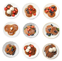 Image of Yummy Dutch waffles (stroopwafels) on white background, collage. Top view