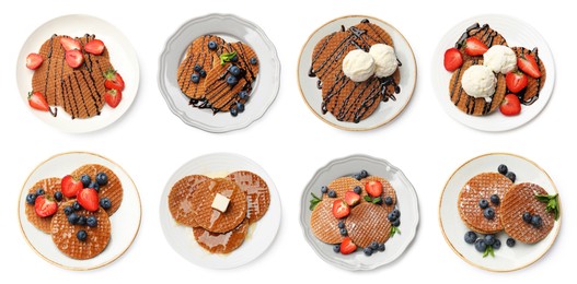 Image of Yummy Dutch waffles (stroopwafels) on white background, collage. Top view